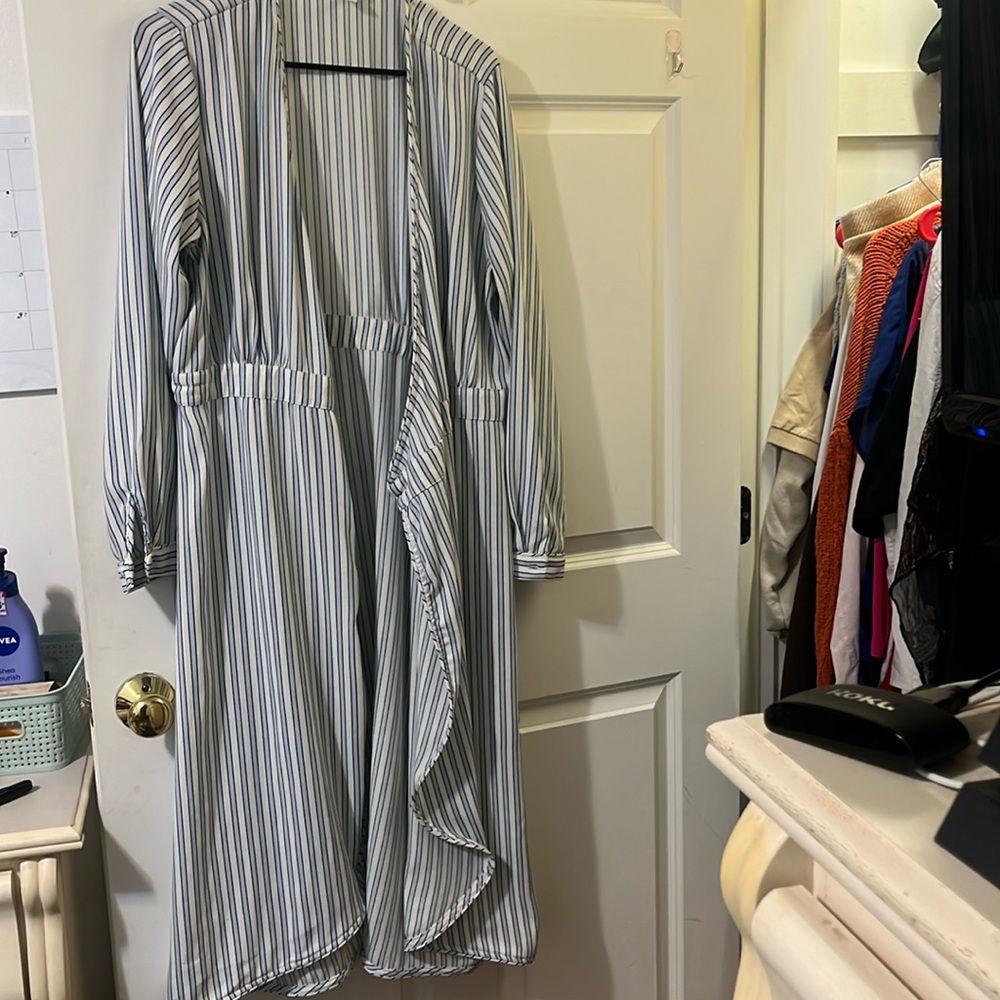 blue and white wrap around dress